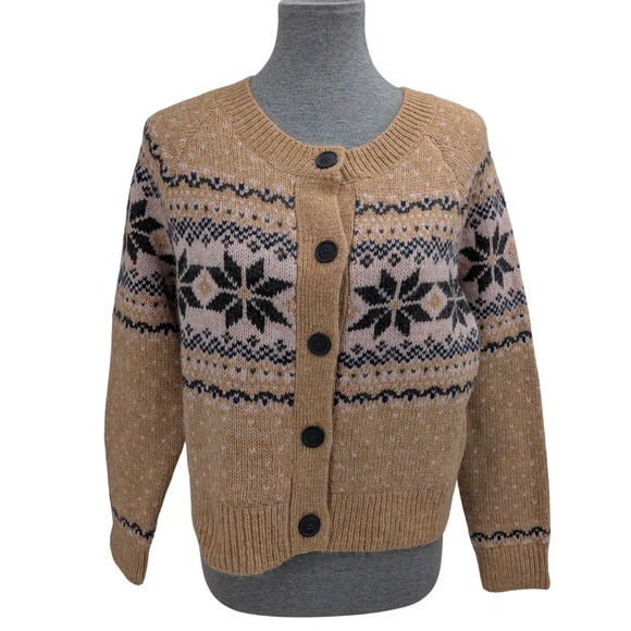 Gorpcore Cozy Chunky Outdoors Tan Pink Black Fair Isle Snowflake S Sweater NWT - Picture 2 of 13